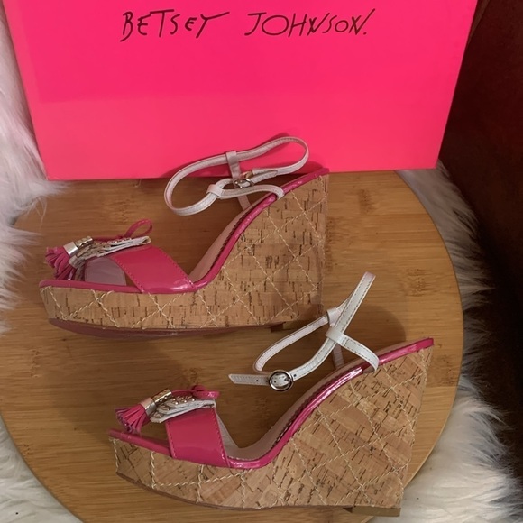 Betsey Johnson NIB Leather Honest Fuchsia Cork Wedge Platform Espadrille Heels 7 - Picture 16 of 17